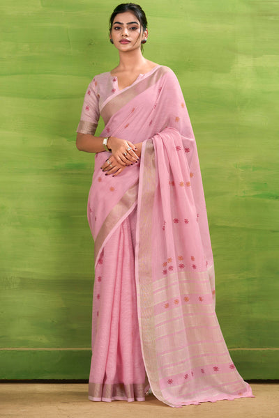Fugacious Pink Cotton Silk Saree With Cynosure Blouse Piece