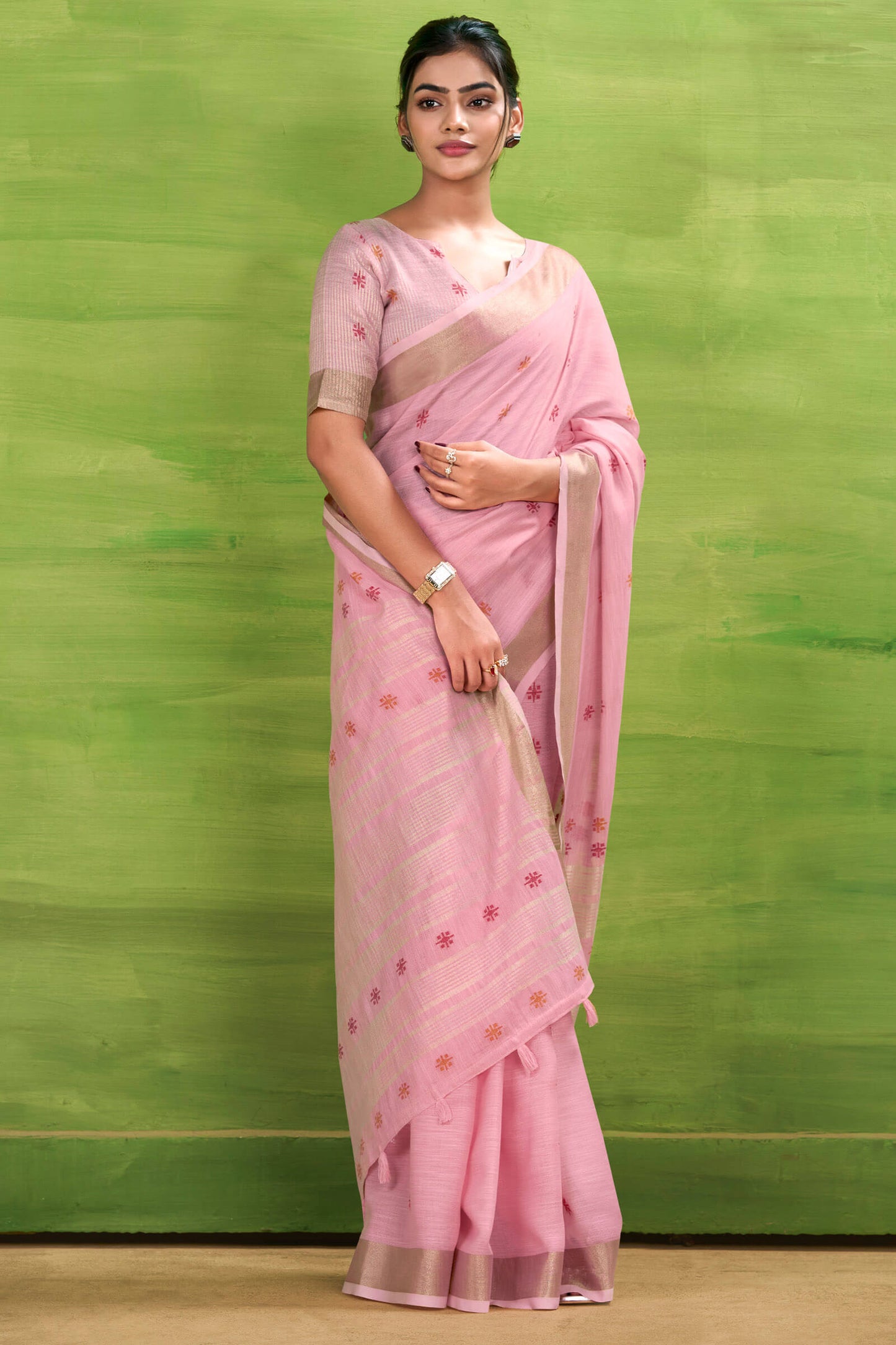 Fugacious Pink Cotton Silk Saree With Cynosure Blouse Piece