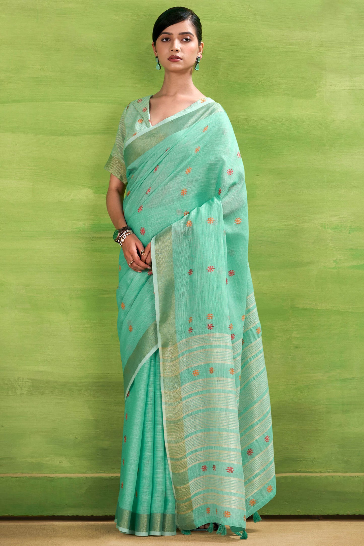 Rhapsodic Turquoise Cotton Silk Saree With Hypnotic Blouse Piece