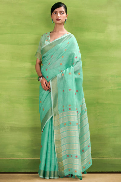 Rhapsodic Turquoise Cotton Silk Saree With Hypnotic Blouse Piece