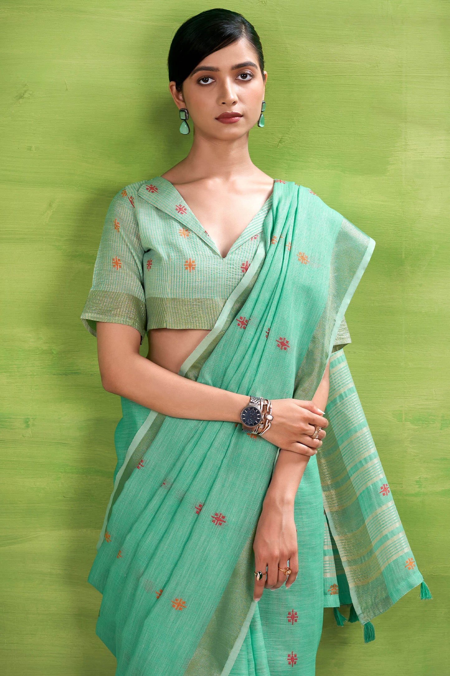 Rhapsodic Turquoise Cotton Silk Saree With Hypnotic Blouse Piece