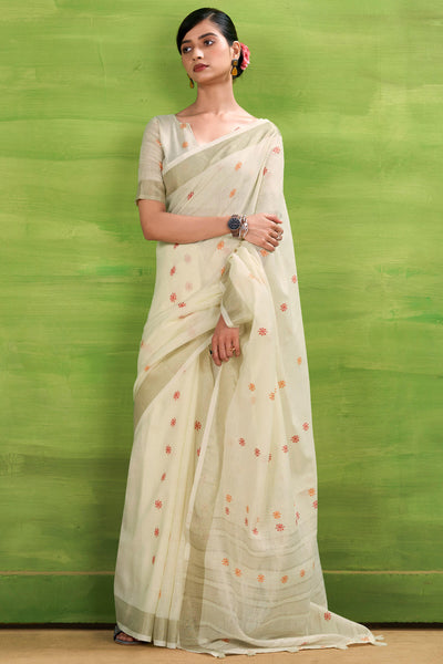 Ethereal Beige Cotton Silk Saree With Efflorescence Blouse Piece