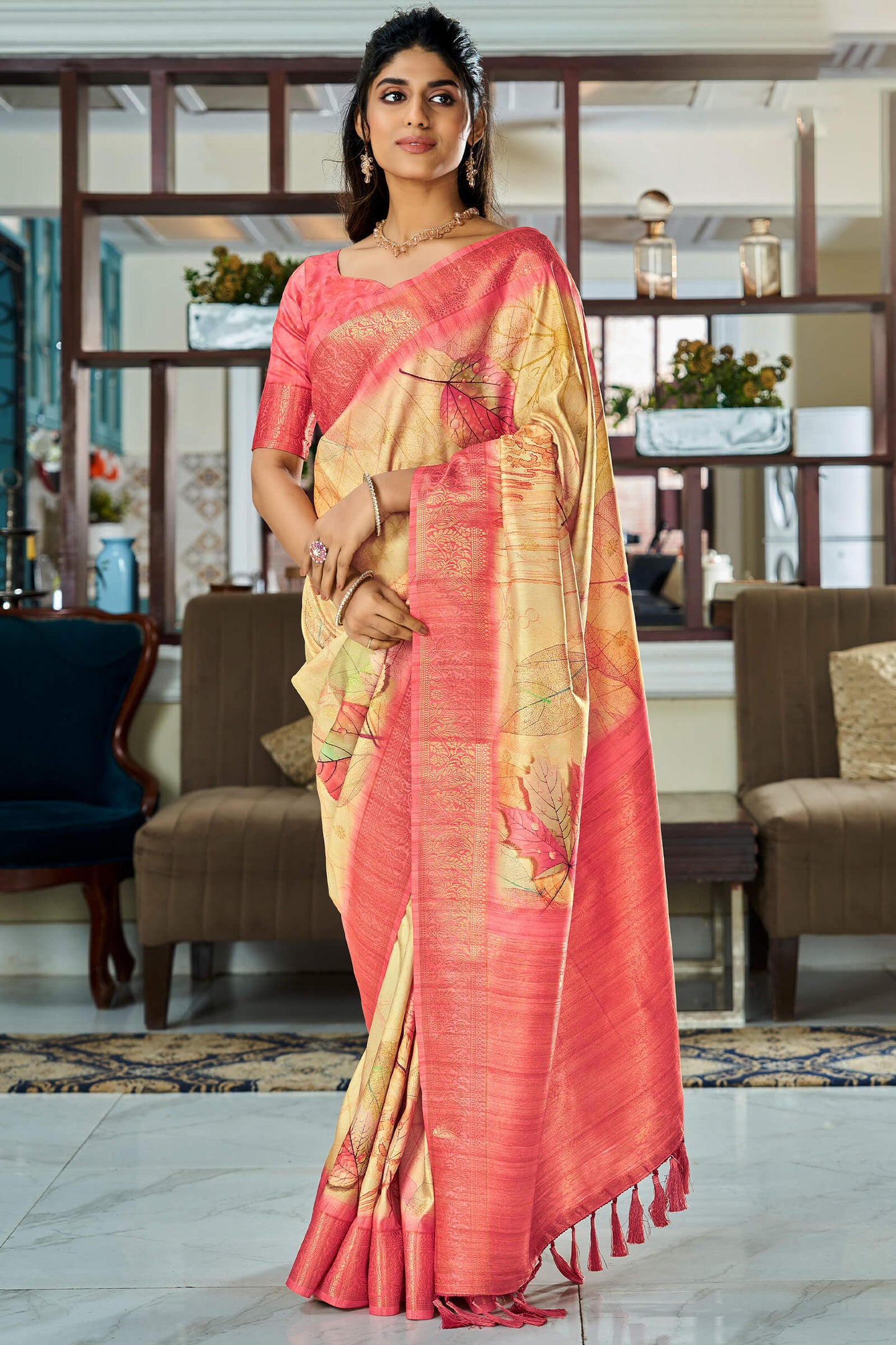 Tremendous Beige Digital Printed Soft Silk Saree With Mesmerising Blouse Piece