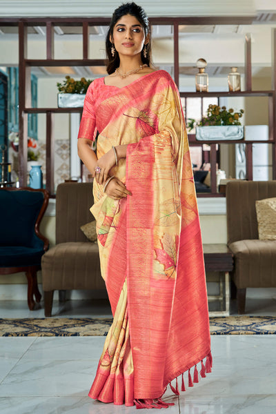 Tremendous Beige Digital Printed Soft Silk Saree With Mesmerising Blouse Piece