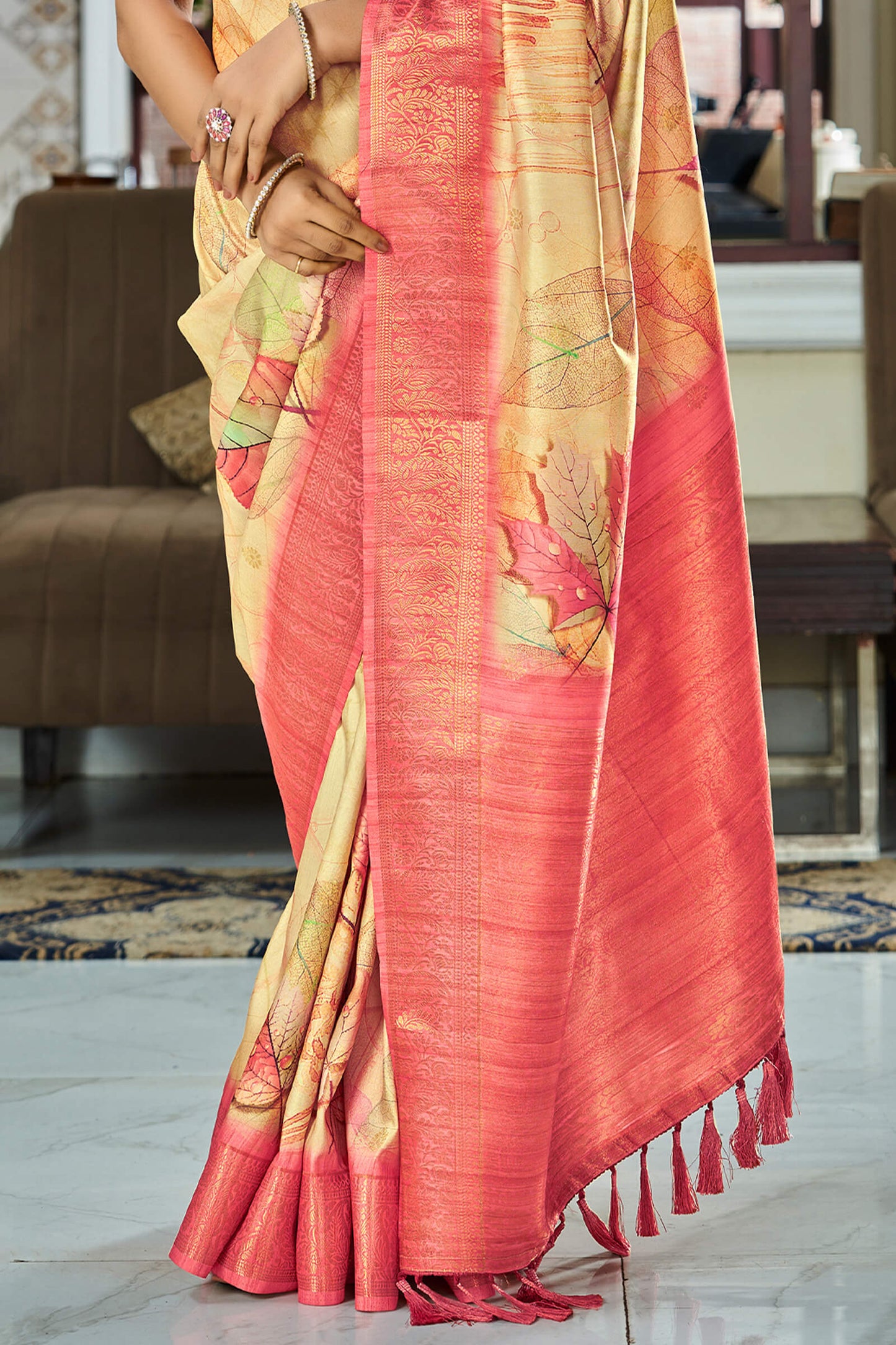 Tremendous Beige Digital Printed Soft Silk Saree With Mesmerising Blouse Piece