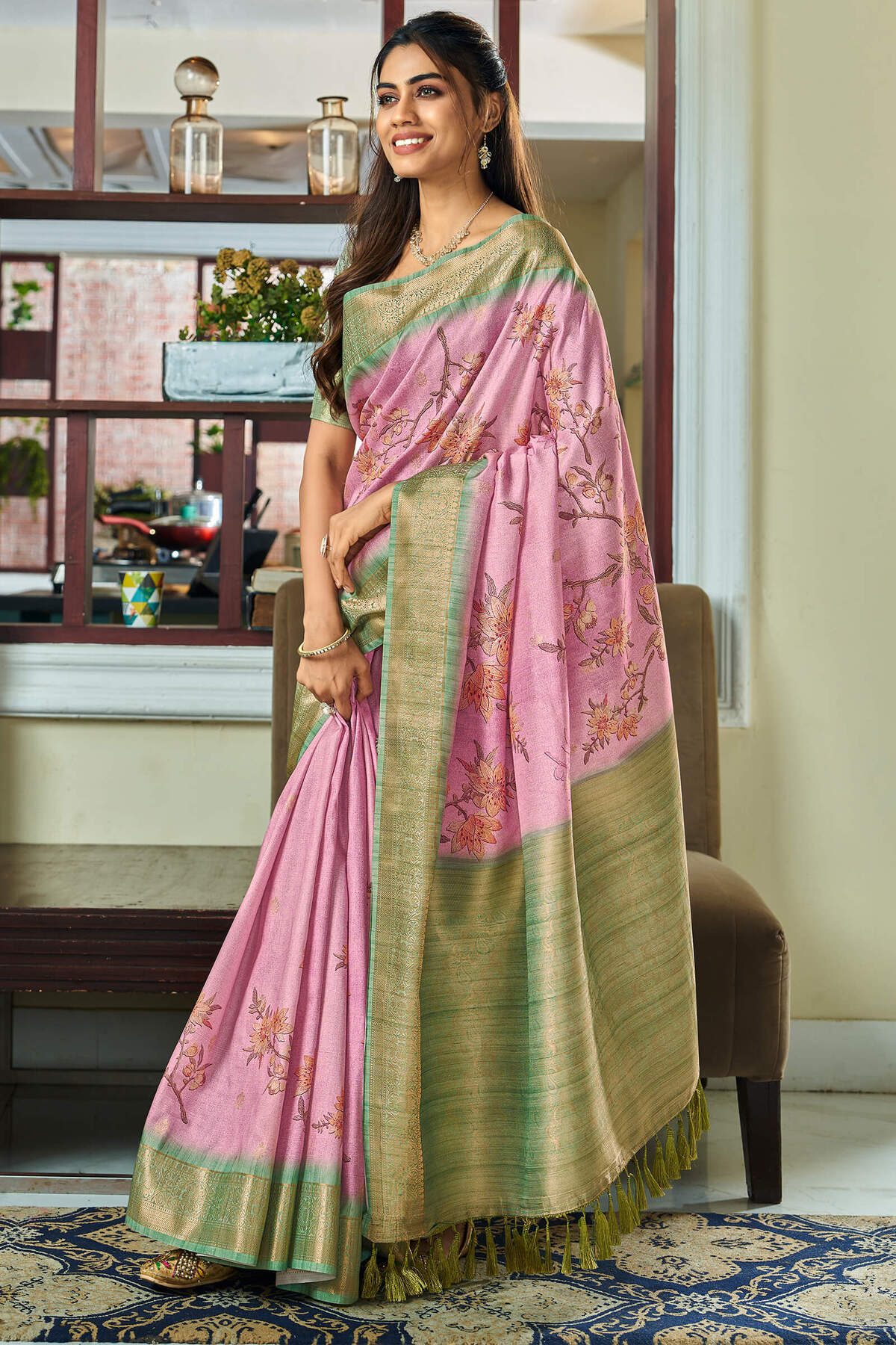 Adoring Pink Digital Printed Soft Silk Saree With Scintilla Blouse Piece