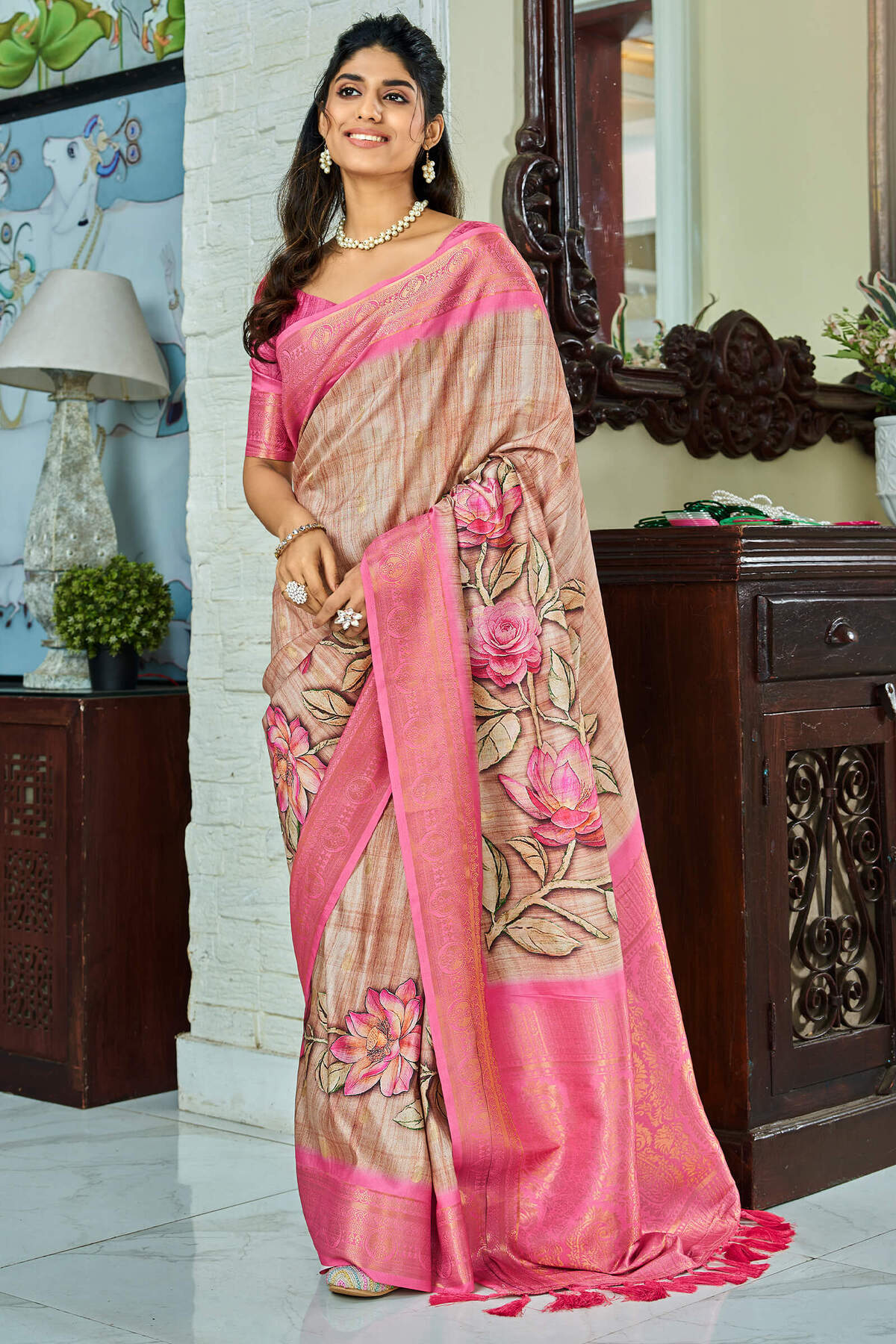 Ravishing Beige Digital Printed Soft Silk Saree With Scrumptious Blouse Piece