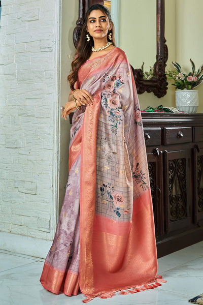 Elegant Grey Digital Printed Soft Silk Saree With Piquant Blouse Piece