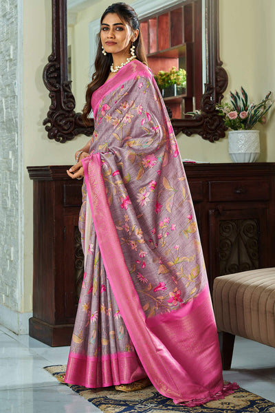 Exquisite Lavender Digital Printed Soft Silk Saree With Beguiling Blouse Piece