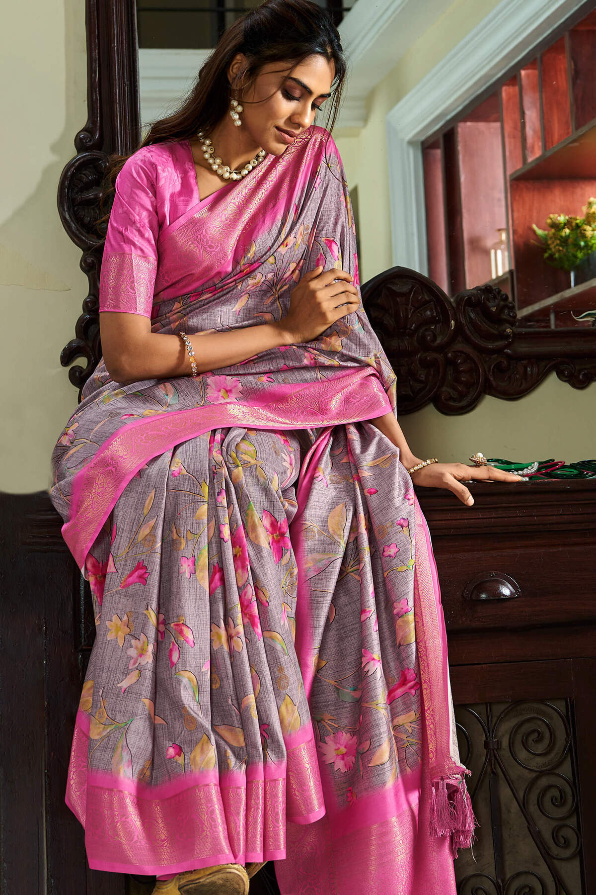 Exquisite Lavender Digital Printed Soft Silk Saree With Beguiling Blouse Piece