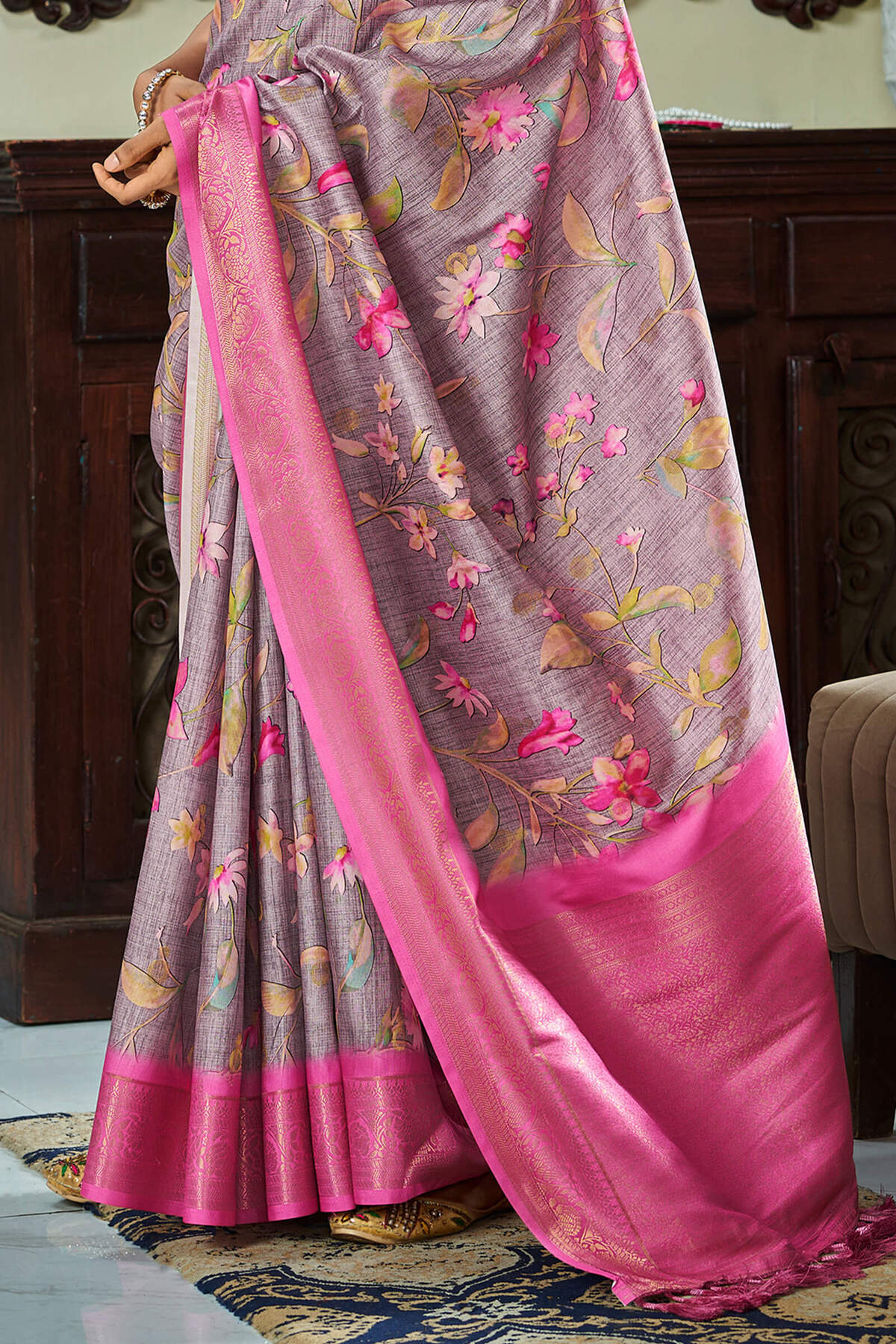 Exquisite Lavender Digital Printed Soft Silk Saree With Beguiling Blouse Piece