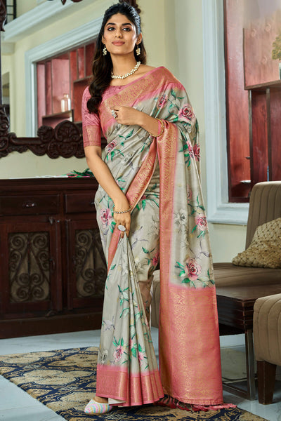 Prominent Pista Digital Printed Soft Silk Saree With Blooming Blouse Piece