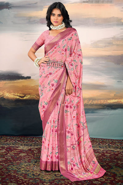 Surpassing Pink Digital Printed Cotton Silk Saree With Angelic Blouse Piece
