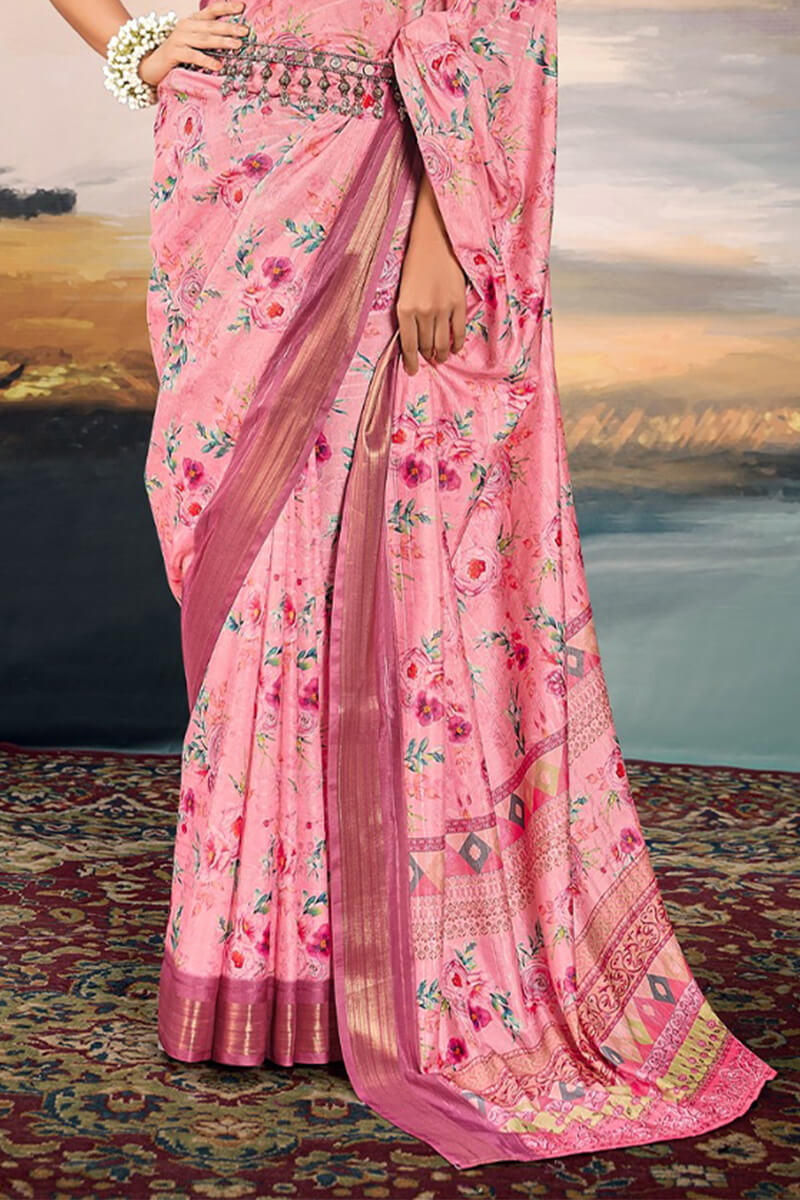Surpassing Pink Digital Printed Cotton Silk Saree With Angelic Blouse Piece