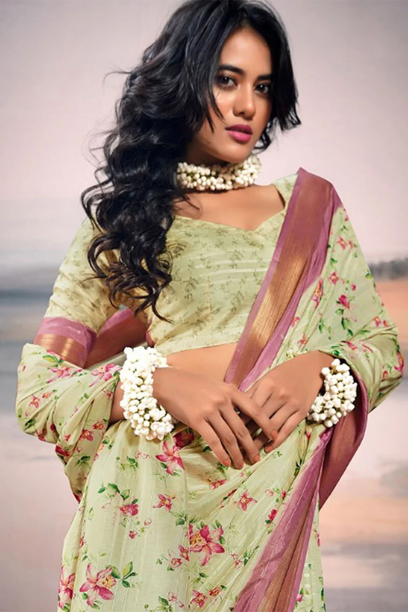 Vibrant Pista Digital Printed Cotton Silk Saree With Amazing Blouse Piece