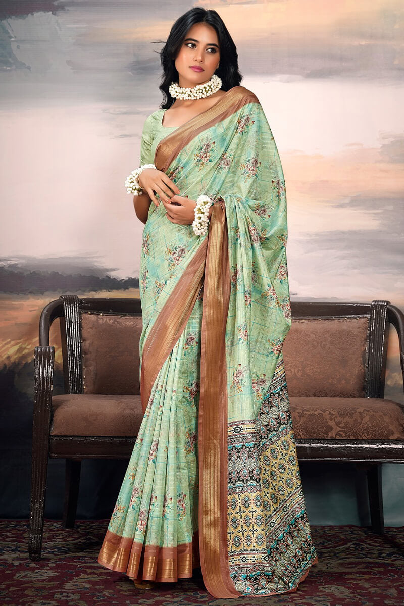 Efflorescence Green Digital Printed Cotton Silk Saree With Improbable Blouse Piece