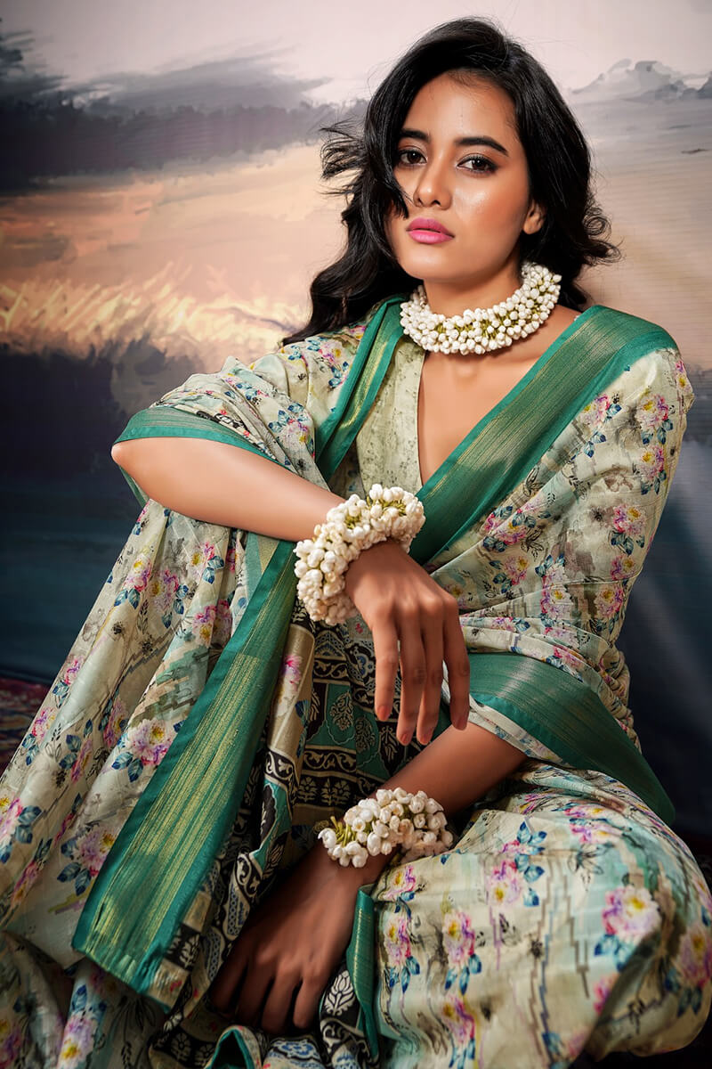 Jubilant Pista Digital Printed Cotton Silk Saree With Beautiful Blouse Piece