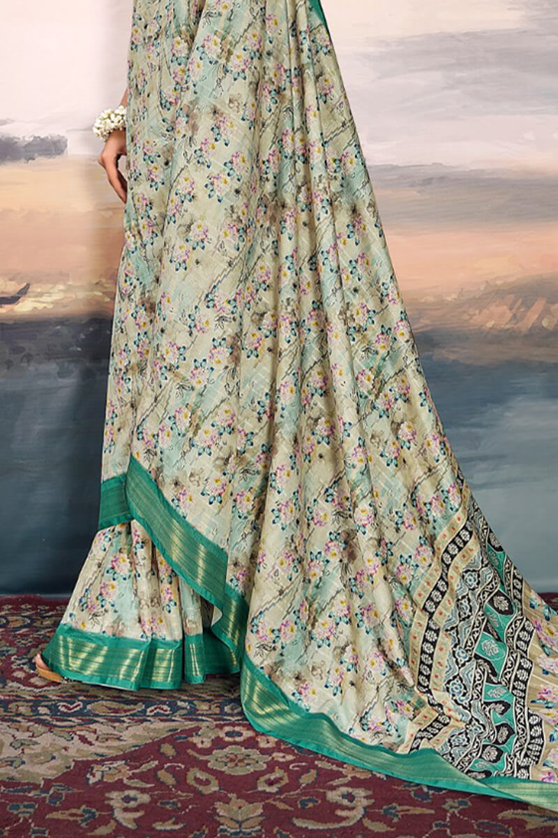 Jubilant Pista Digital Printed Cotton Silk Saree With Beautiful Blouse Piece