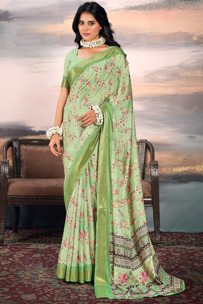 Nebula Green Digital Printed Cotton Silk Saree With Evanescent Blouse Piece
