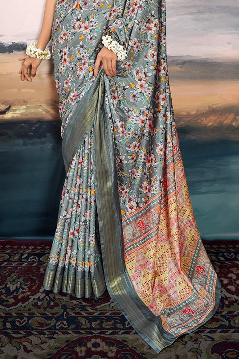 Glamorous Grey Digital Printed Cotton Silk Saree With Attractive Blouse Piece