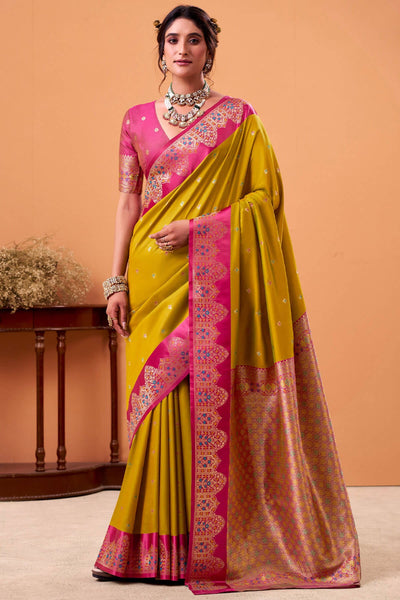 Ratatouille Mustard Banarasi Satin Silk Saree With Forbearance Blouse