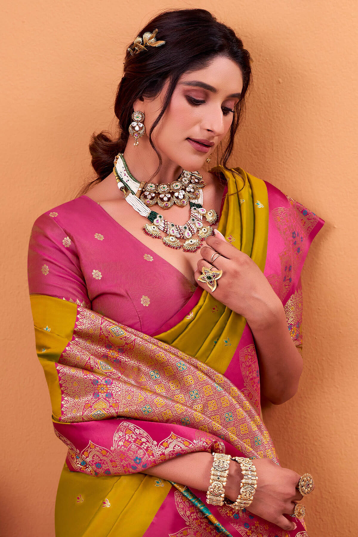 Ratatouille Mustard Banarasi Satin Silk Saree With Forbearance Blouse