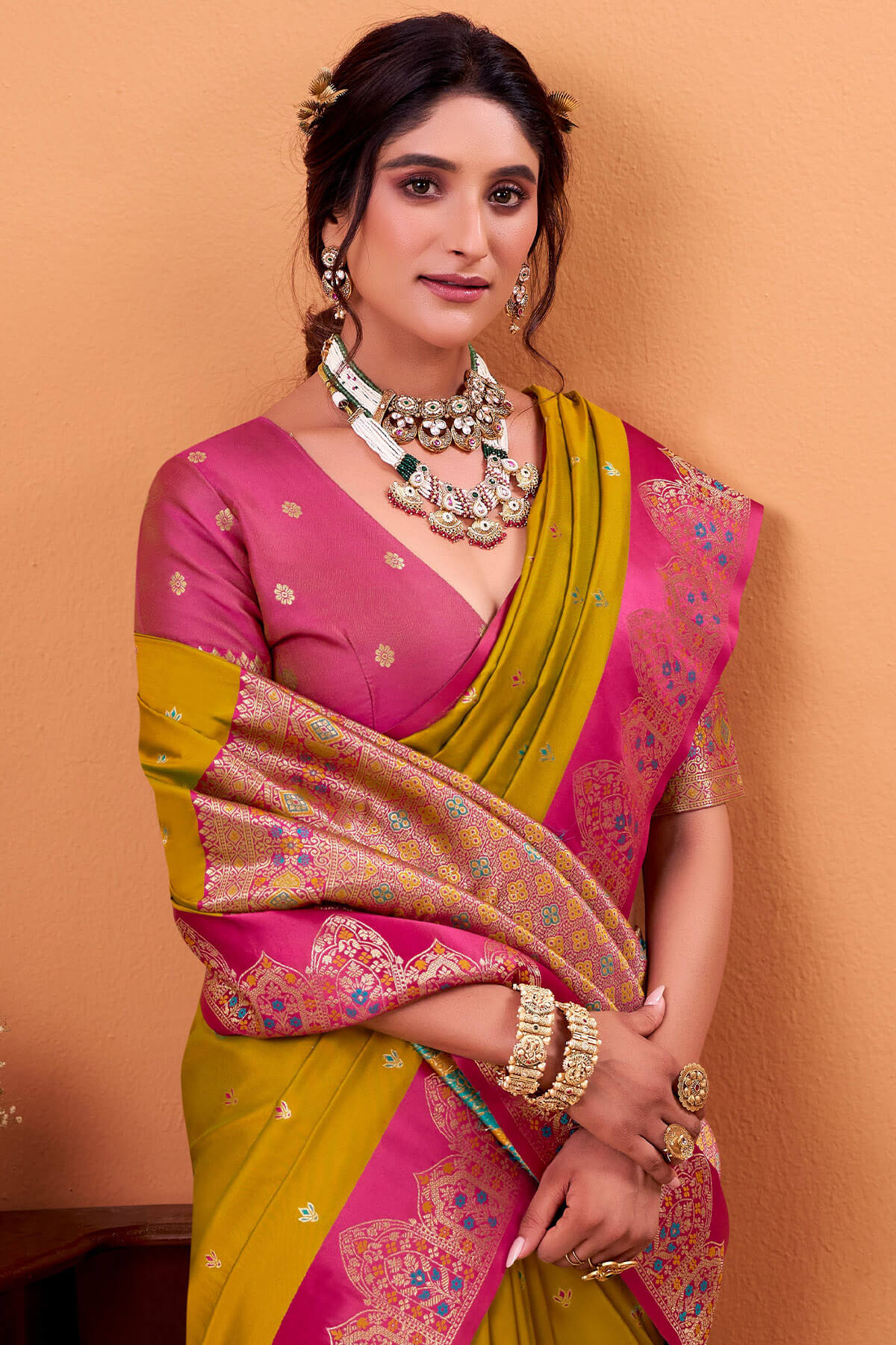 Ratatouille Mustard Banarasi Satin Silk Saree With Forbearance Blouse