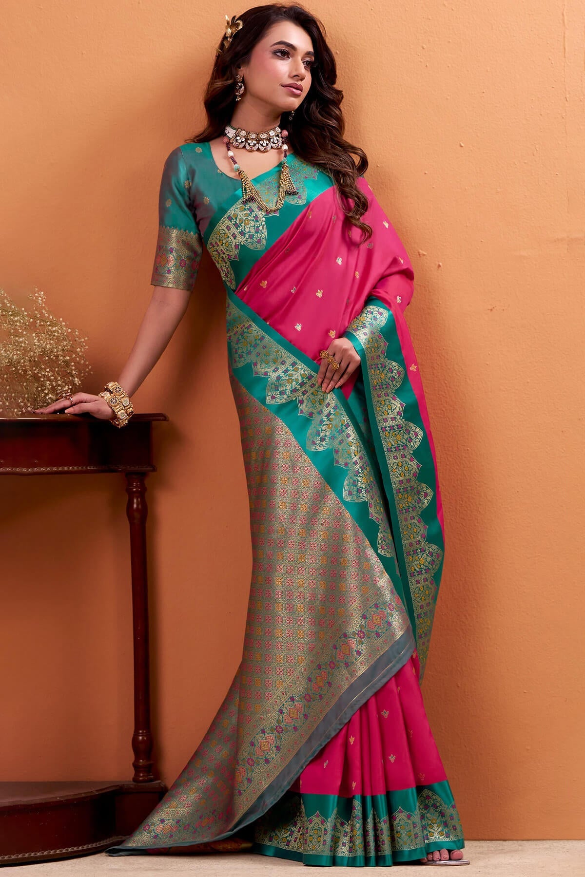 Adorning Dark Pink Banarasi Satin Silk Saree With Fragrant Blouse