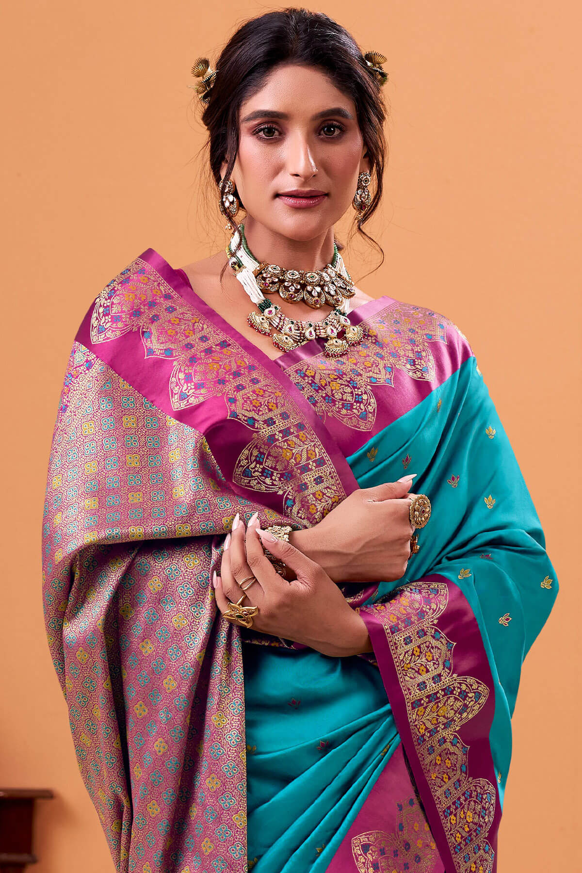 Beauteous Firozi Banarasi Satin Silk Saree With Surpassing Blouse