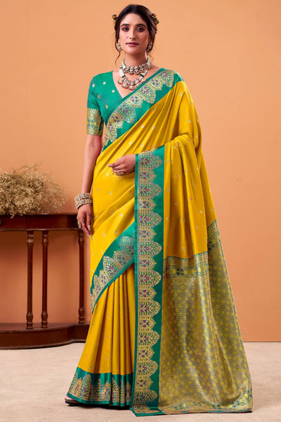 Super classy Yellow Banarasi Satin Silk Saree With Flattering Blouse