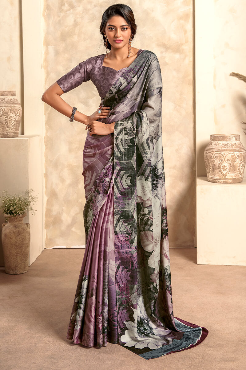 Lagniappe Grey Digital Printed Soft Silk Saree With Scintilla Blouse Piece