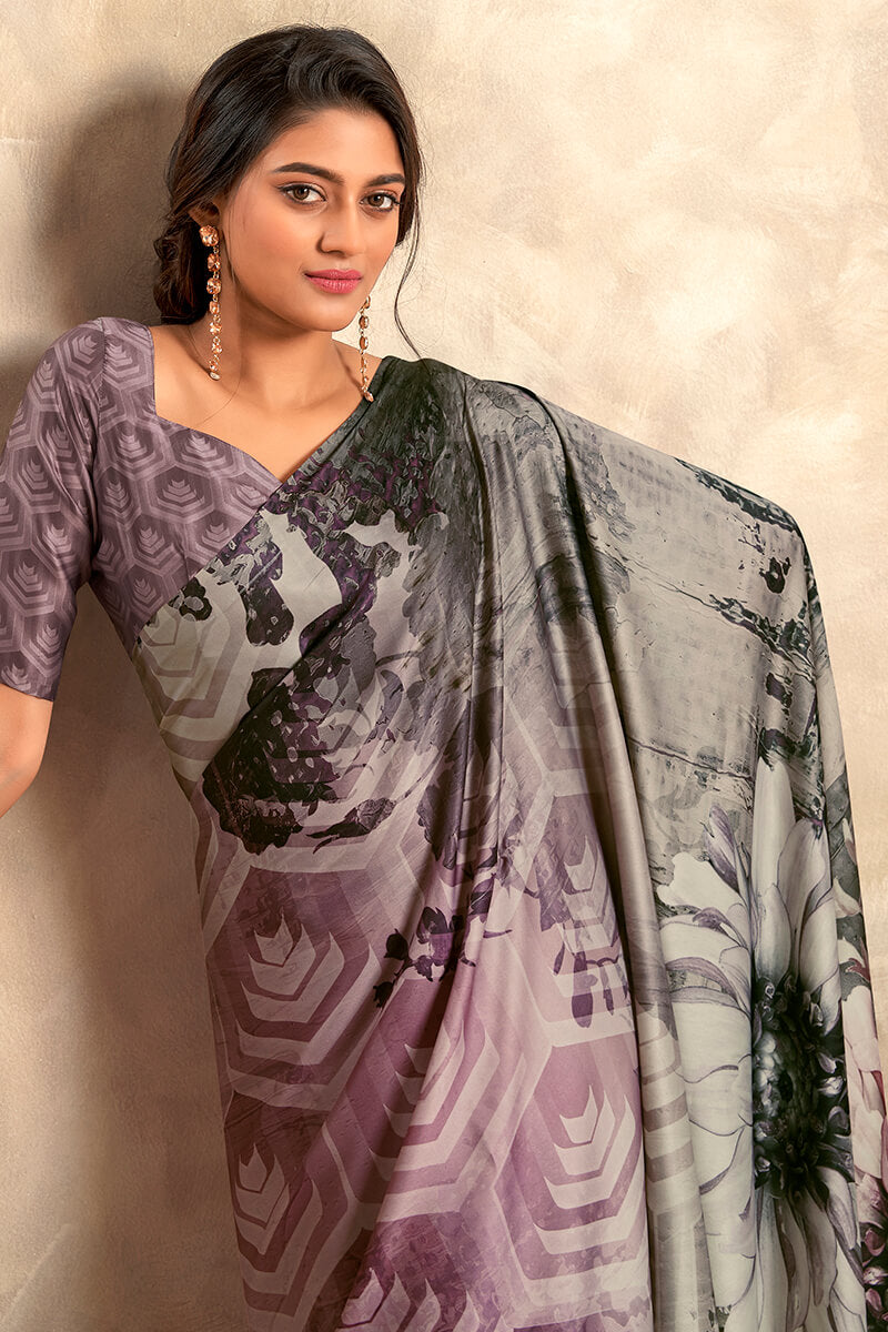 Lagniappe Grey Digital Printed Soft Silk Saree With Scintilla Blouse Piece