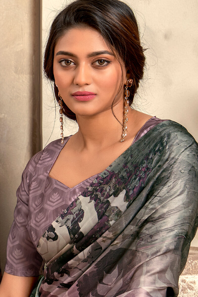 Lagniappe Grey Digital Printed Soft Silk Saree With Scintilla Blouse Piece