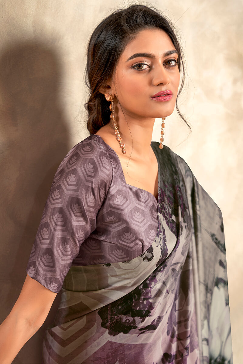 Lagniappe Grey Digital Printed Soft Silk Saree With Scintilla Blouse Piece