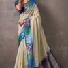 Proficient Beige And Blue Cotton Silk Saree With Engrossing Blouse Piece