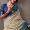 Proficient Beige And Blue Cotton Silk Saree With Engrossing Blouse Piece