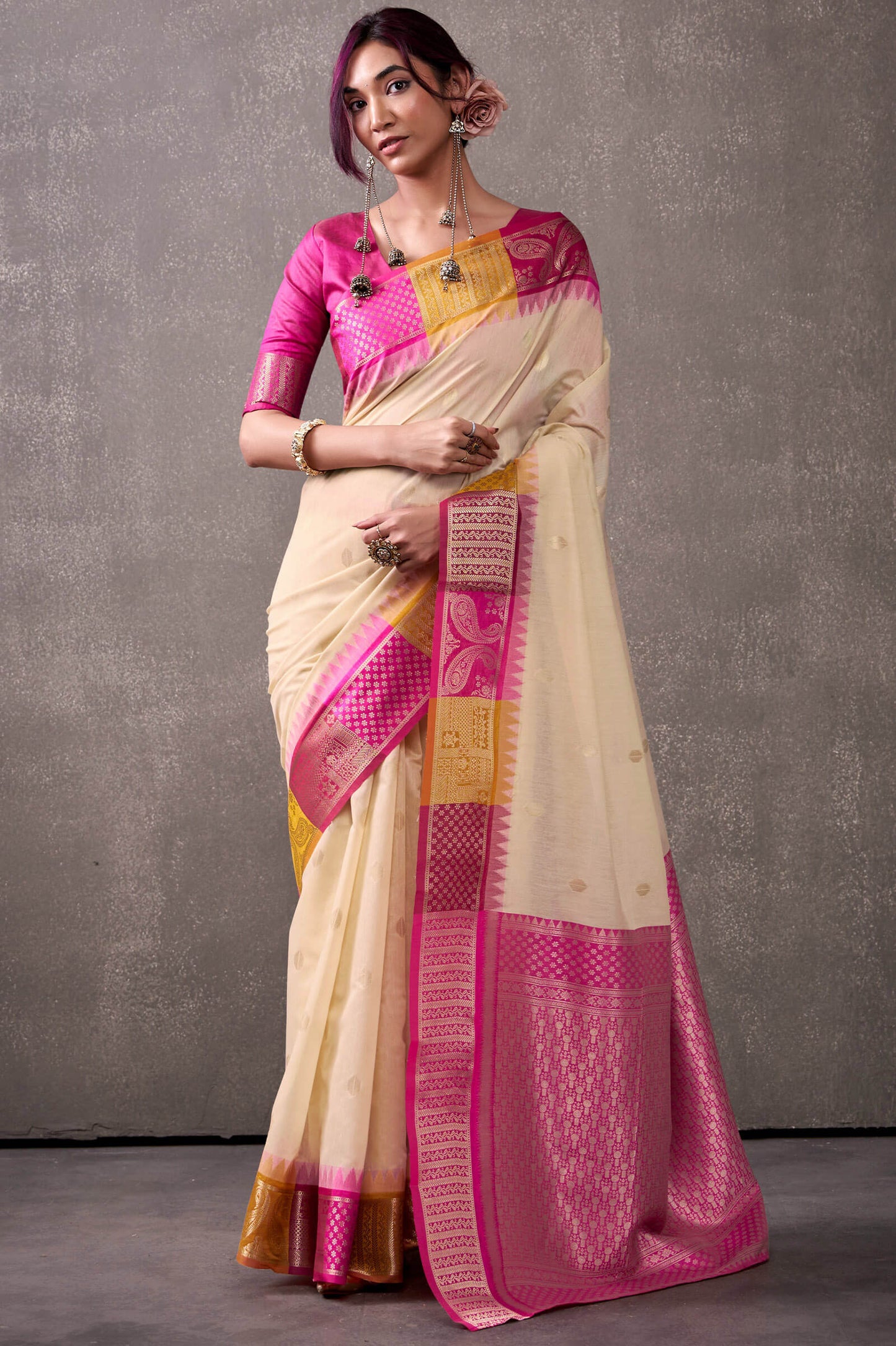 Fairytale Beige And Dark Pink Cotton Silk Saree With Marvellous Blouse Piece