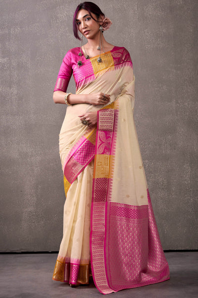 Fairytale Beige And Dark Pink Cotton Silk Saree With Marvellous Blouse Piece