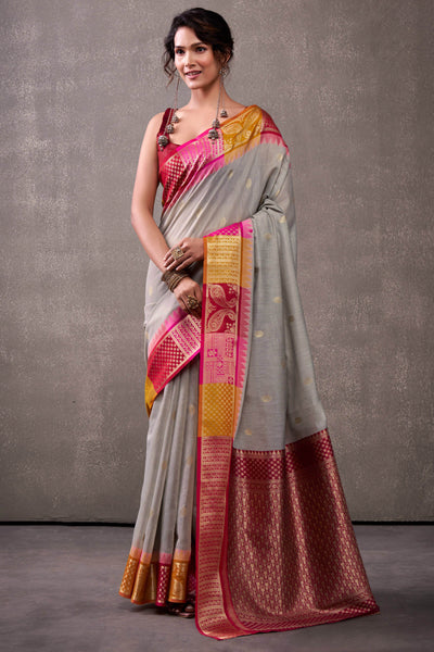 Tremendous Grey Cotton Silk Saree With Zephyr Blouse Piece