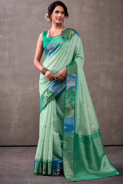 Inspiring Turquoise Cotton Silk Saree With Radiant Blouse Piece