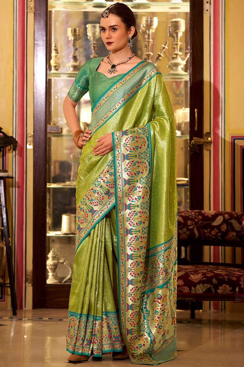 Tremendous Green Paithani Pure Tissue Silk Saree With Pulsating Blouse Piece