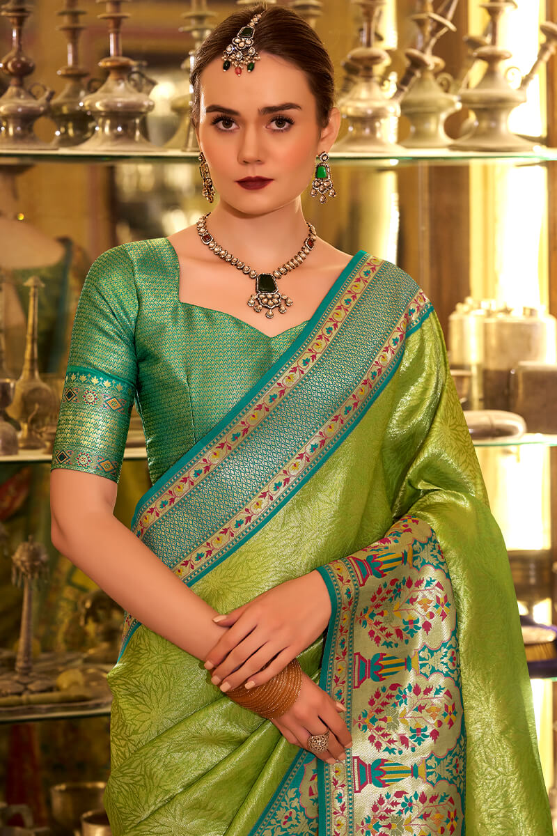 Tremendous Green Paithani Pure Tissue Silk Saree With Pulsating Blouse Piece