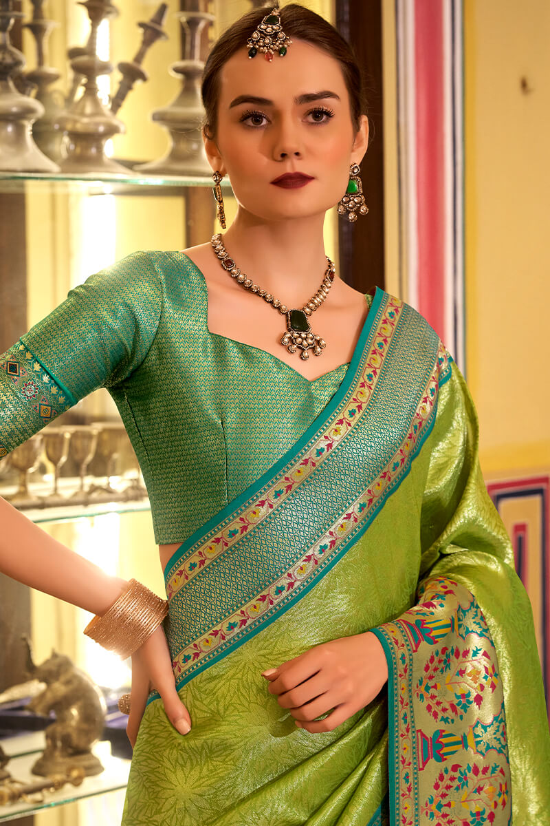 Tremendous Green Paithani Pure Tissue Silk Saree With Pulsating Blouse Piece
