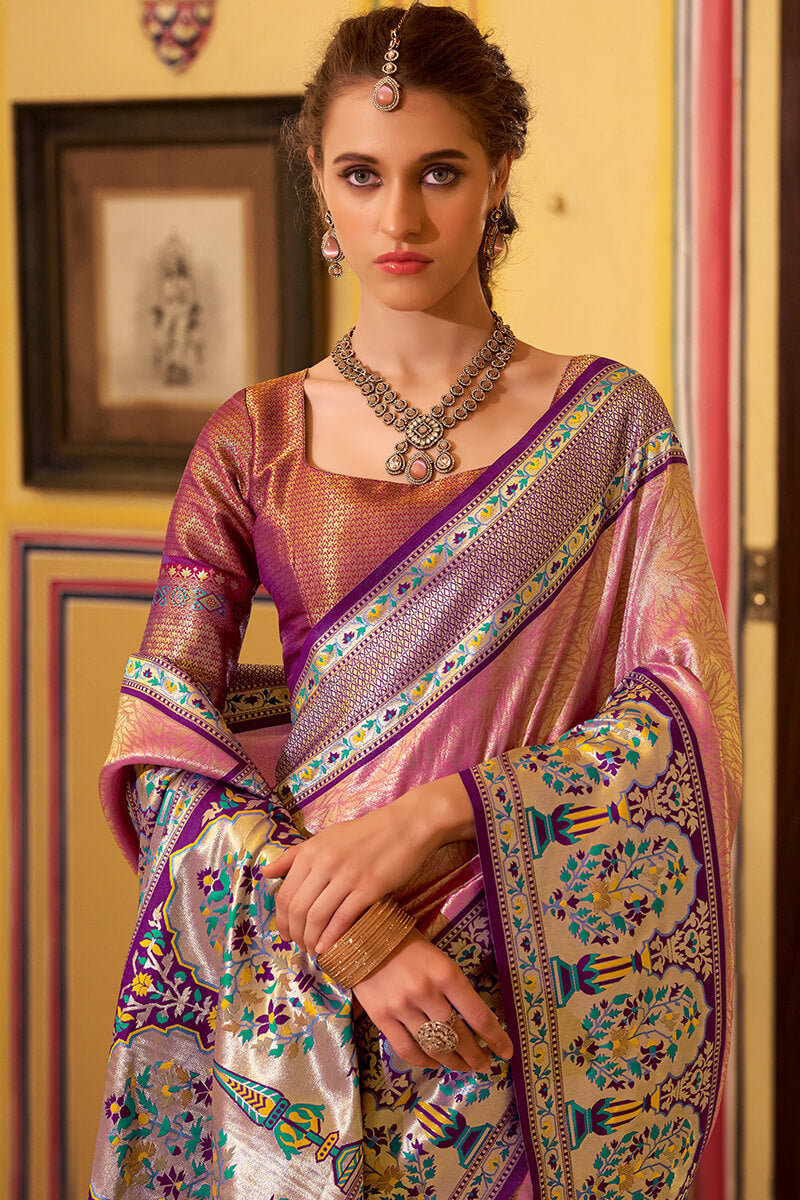 Impressive Pink Paithani Pure Tissue Silk Saree With Whimsical Blouse Piece
