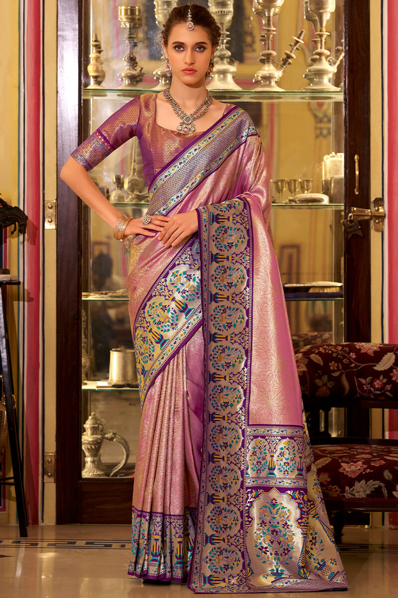 Impressive Pink Paithani Pure Tissue Silk Saree With Whimsical Blouse Piece