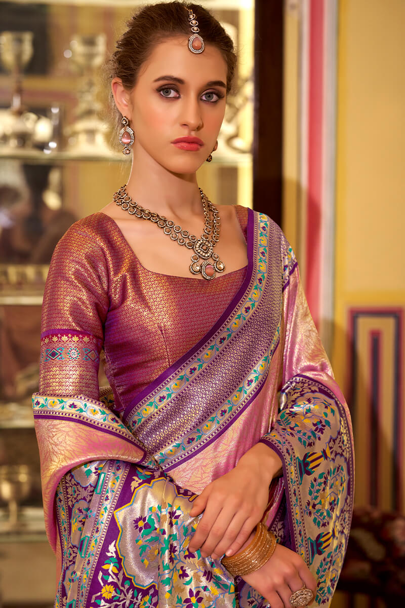 Impressive Pink Paithani Pure Tissue Silk Saree With Whimsical Blouse Piece
