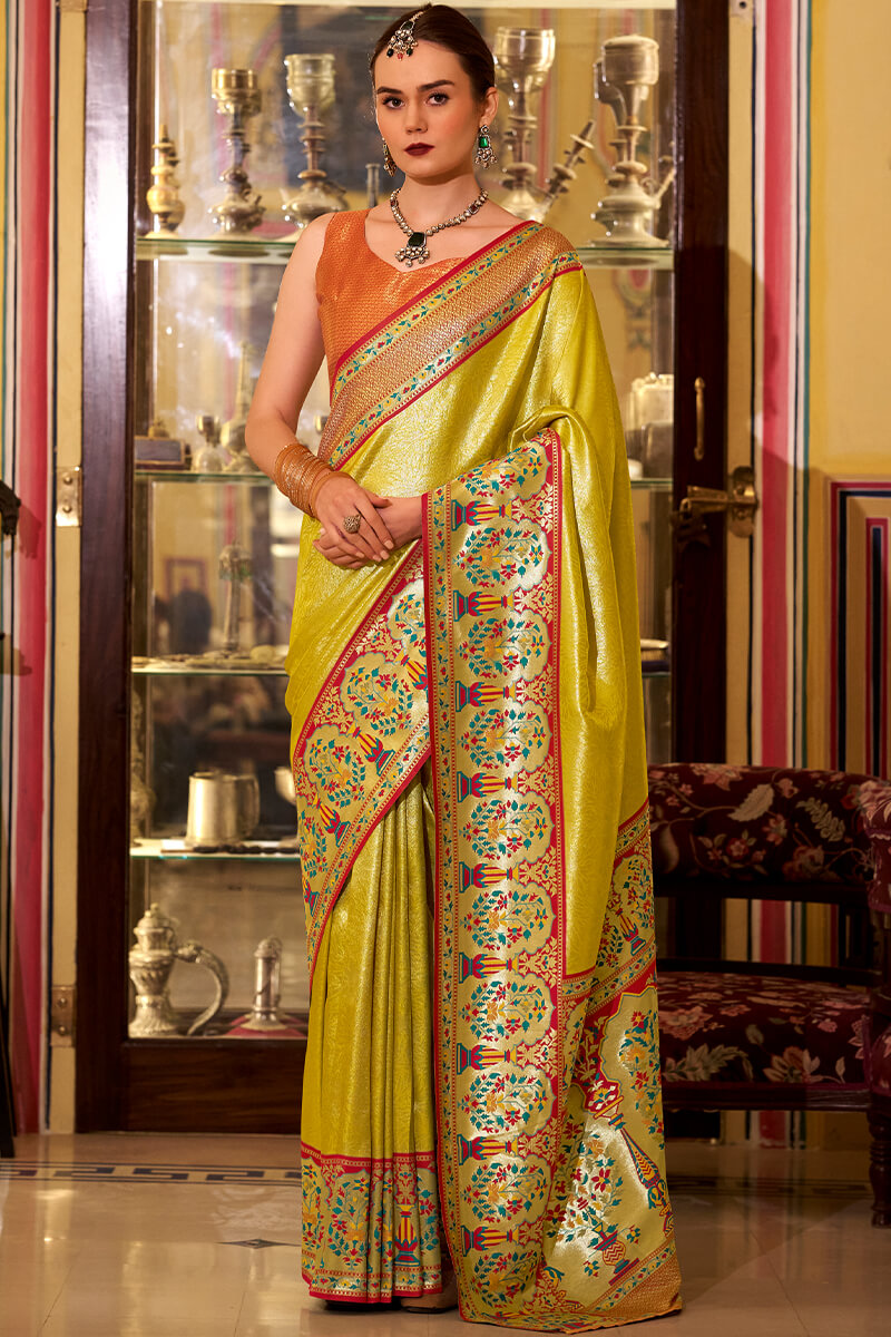 Exemplary Yellow Paithani Pure Tissue Silk Saree With Unique Blouse Piece