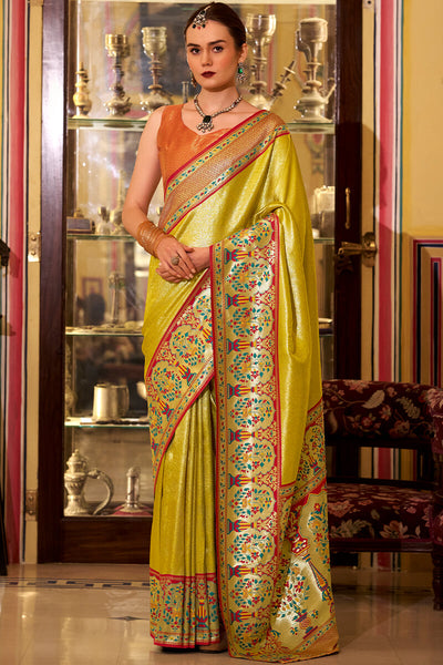 Exemplary Yellow Paithani Pure Tissue Silk Saree With Unique Blouse Piece