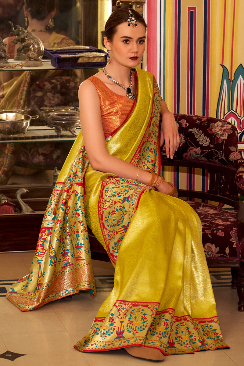 Exemplary Yellow Paithani Pure Tissue Silk Saree With Unique Blouse Piece