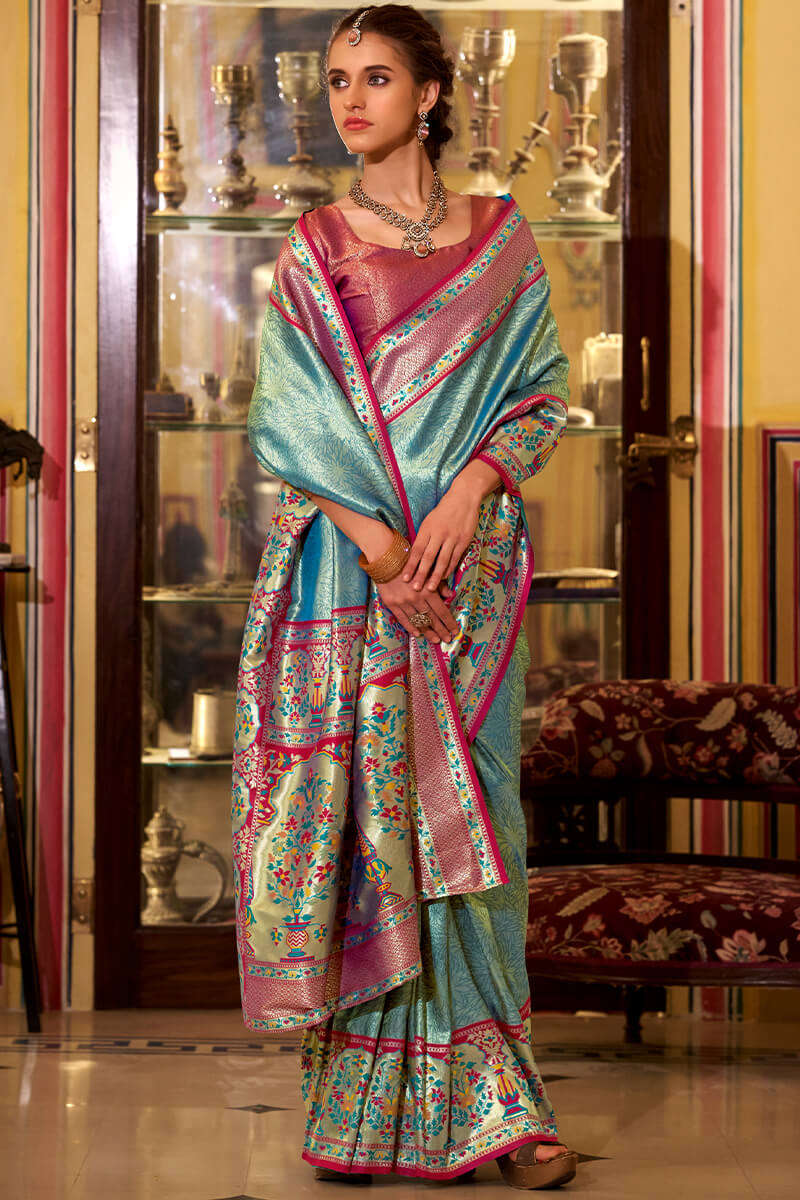 Intricate Firozi Paithani Pure Tissue Silk Saree With Beleaguer Blouse Piece